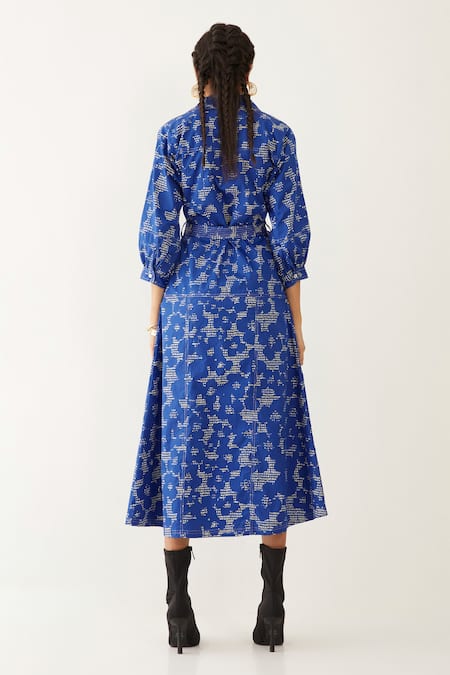Shop_Son Of A Noble Snob_Blue Cotton Satin Collared Bonie Void Print Dress _at_Aza_Fashions