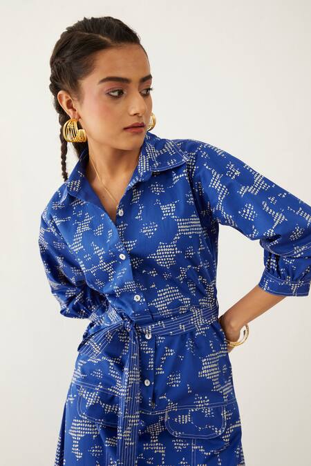 Buy_Son Of A Noble Snob_Blue Cotton Satin Collared Bonie Void Print Dress _Online_at_Aza_Fashions
