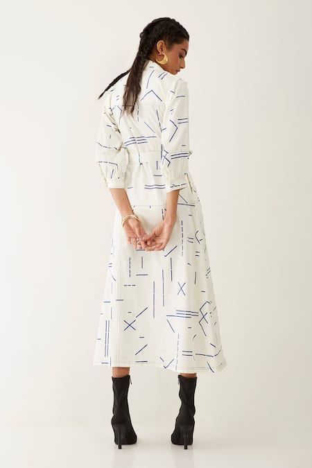 Shop_Son Of A Noble Snob_Off White Cotton Satin Collared Bonie Geometric Print Dress _at_Aza_Fashions