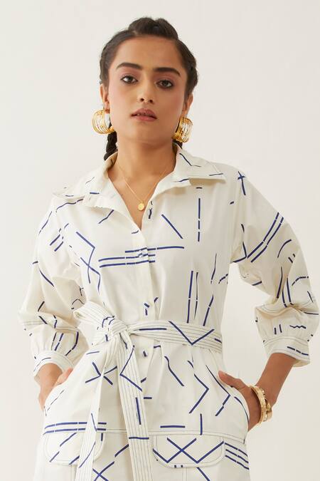 Buy_Son Of A Noble Snob_Off White Cotton Satin Collared Bonie Geometric Print Dress _Online_at_Aza_Fashions