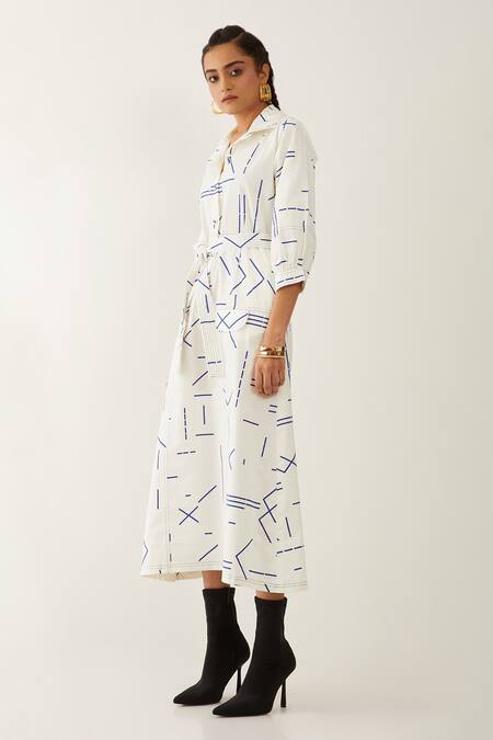 Shop_Son Of A Noble Snob_Off White Cotton Satin Collared Bonie Geometric Print Dress _Online_at_Aza_Fashions