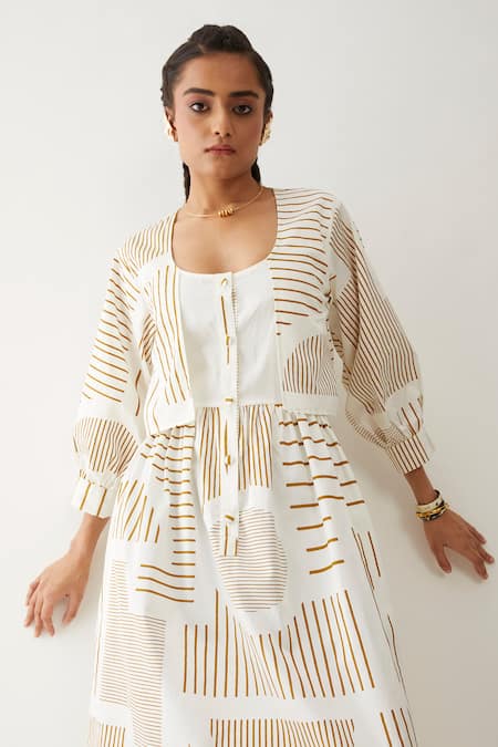 Son Of A Noble Snob_Off White Cotton Satin Scoop Neck Bonobo Printed Dress _Online_at_Aza_Fashions