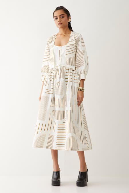 Buy_Son Of A Noble Snob_Off White Cotton Satin Scoop Neck Bonobo Printed Dress _Online_at_Aza_Fashions