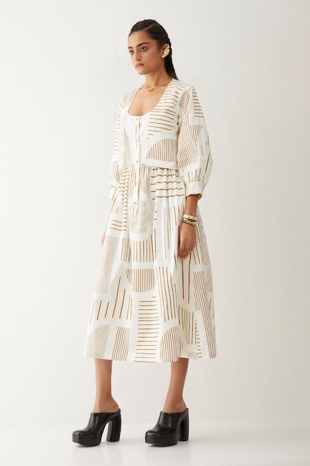 Shop_Son Of A Noble Snob_Off White Cotton Satin Scoop Neck Bonobo Printed Dress _Online_at_Aza_Fashions