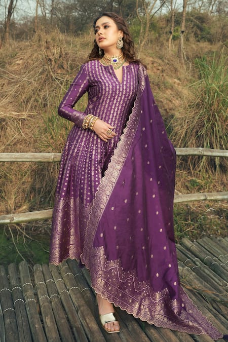 Safaa Purple Vegan Silk Woven Floral Notched The Adeena Anarkali Set 
