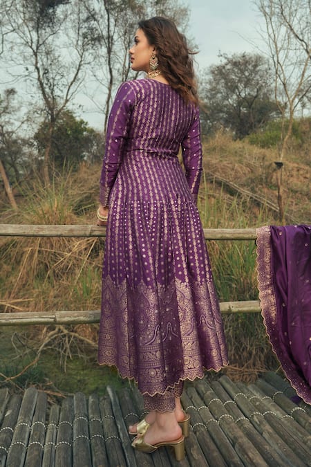 Shop Safaa Purple Velvet, Velour Embroidery Split The Adeena Floral Woven Anarkali Set at Aza Fashions Shop_Safaa_Purple Velvet, Velour Embroidery Split The Adeena Floral Woven Anarkali Set _at_Aza_Fashions