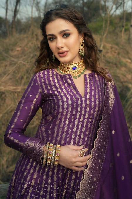 Safaa Purple Velvet, Velour Embroidery Split The Adeena Floral Woven Anarkali Set Online at Aza Fashions Safaa_Purple Velvet, Velour Embroidery Split The Adeena Floral Woven Anarkali Set _Online_at_Aza_Fashions