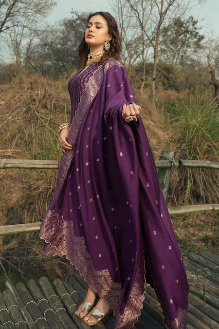 Buy Safaa Purple Velvet, Velour Embroidery Split The Adeena Floral Woven Anarkali Set Online at Aza Fashions Buy_Safaa_Purple Velvet, Velour Embroidery Split The Adeena Floral Woven Anarkali Set _Online_at_Aza_Fashions