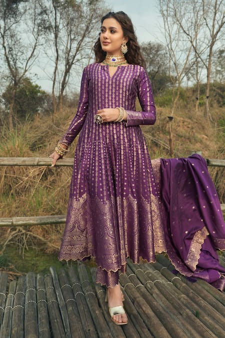 Shop Safaa Purple Velvet, Velour Embroidery Split The Adeena Floral Woven Anarkali Set Online at Aza Fashions Shop_Safaa_Purple Velvet, Velour Embroidery Split The Adeena Floral Woven Anarkali Set _Online_at_Aza_Fashions