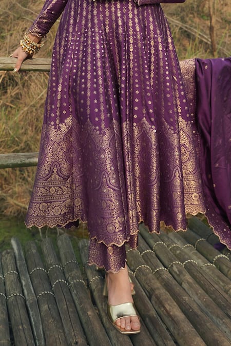 Safaa Purple Velvet, Velour Embroidery Split The Adeena Floral Woven Anarkali Set at Aza Fashions Safaa_Purple Velvet, Velour Embroidery Split The Adeena Floral Woven Anarkali Set _at_Aza_Fashions
