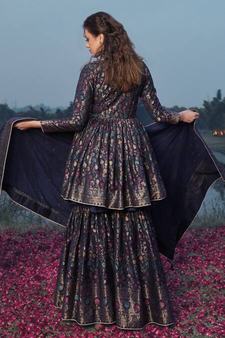 Shop Safaa Blue Velvet Embroidery V-neck The Amari Floral Banarasi Woven Kurta Sharara Set at Aza Fashions Shop_Safaa_Blue Velvet Embroidery V-neck The Amari Floral Banarasi Woven Kurta Sharara Set _at_Aza_Fashions