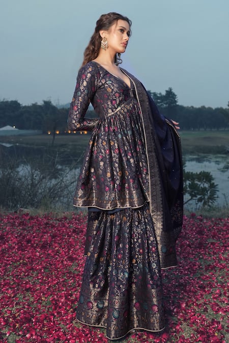 Safaa Blue Velvet Embroidery V-neck The Amari Floral Banarasi Woven Kurta Sharara Set Online at Aza Fashions Safaa_Blue Velvet Embroidery V-neck The Amari Floral Banarasi Woven Kurta Sharara Set _Online_at_Aza_Fashions