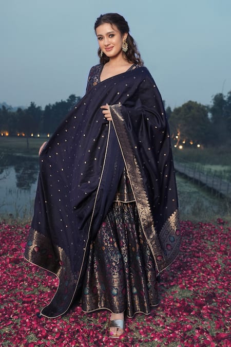 Buy Safaa Blue Velvet Embroidery V-neck The Amari Floral Banarasi Woven Kurta Sharara Set Online at Aza Fashions Buy_Safaa_Blue Velvet Embroidery V-neck The Amari Floral Banarasi Woven Kurta Sharara Set _Online_at_Aza_Fashions