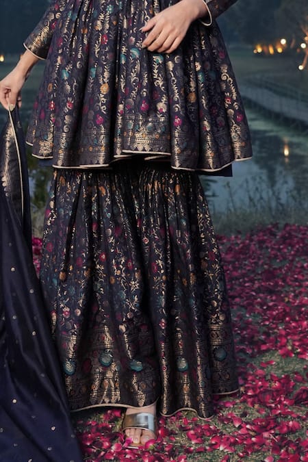 Shop Safaa Blue Velvet Embroidery V-neck The Amari Floral Banarasi Woven Kurta Sharara Set Online at Aza Fashions Shop_Safaa_Blue Velvet Embroidery V-neck The Amari Floral Banarasi Woven Kurta Sharara Set _Online_at_Aza_Fashions