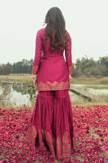 Shop Safaa Magenta Velvet Embroidery The Azeela Paisley Motifs Woven Kurta Sharara Set at Aza Fashions Shop_Safaa_Magenta Velvet Embroidery The Azeela Paisley Motifs Woven Kurta Sharara Set _at_Aza_Fashions