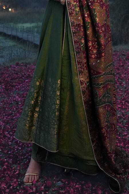 Safaa_Green Velvet, Velour Embroidery Round Neck The Duha Floral Woven Anarkali Set _Online_at_Aza_Fashions