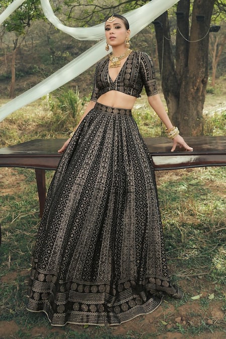 Shop_Safaa_Black Velvet Embroidery V-neck The Heera Floral Woven Lehenga Set _Online_at_Aza_Fashions