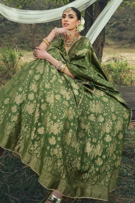 Safaa Green Silk, Velvet Embroidery V-neck The Hiraya Floral Woven Lehenga Set Online at Aza Fashions Safaa_Green Silk, Velvet Embroidery V-neck The Hiraya Floral Woven Lehenga Set _Online_at_Aza_Fashions