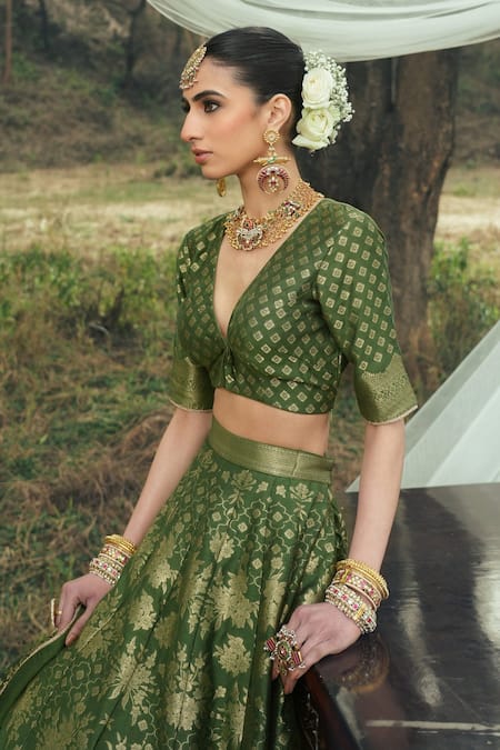 Buy Safaa Green Silk, Velvet Embroidery V-neck The Hiraya Floral Woven Lehenga Set Online at Aza Fashions Buy_Safaa_Green Silk, Velvet Embroidery V-neck The Hiraya Floral Woven Lehenga Set _Online_at_Aza_Fashions