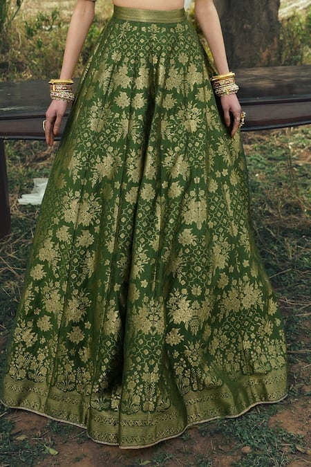 Shop Safaa Green Silk, Velvet Embroidery V-neck The Hiraya Floral Woven Lehenga Set Online at Aza Fashions Shop_Safaa_Green Silk, Velvet Embroidery V-neck The Hiraya Floral Woven Lehenga Set _Online_at_Aza_Fashions