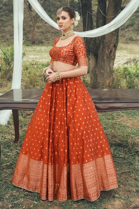 Safaa Orange Velvet, Viscose Embroidery The Minara Floral Booti Woven Lehenga Set Online at Aza Fashions Safaa_Orange Velvet, Viscose Embroidery The Minara Floral Booti Woven Lehenga Set _Online_at_Aza_Fashions