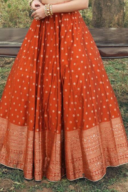 Buy Safaa Orange Velvet, Viscose Embroidery The Minara Floral Booti Woven Lehenga Set Online at Aza Fashions Buy_Safaa_Orange Velvet, Viscose Embroidery The Minara Floral Booti Woven Lehenga Set _Online_at_Aza_Fashions
