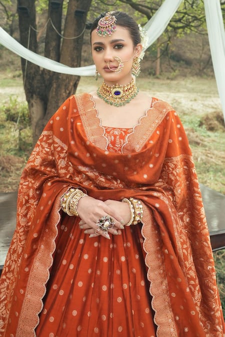 Shop Safaa Orange Velvet, Viscose Embroidery The Minara Floral Booti Woven Lehenga Set Online at Aza Fashions Shop_Safaa_Orange Velvet, Viscose Embroidery The Minara Floral Booti Woven Lehenga Set _Online_at_Aza_Fashions