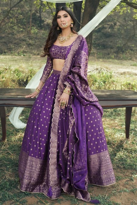 Buy Safaa Purple Velvet Embroidery Square The Minara Floral Booti Woven Blouse Lehenga Set Online at Aza Fashions Buy_Safaa_Purple Velvet Embroidery Square The Minara Floral Booti Woven Blouse Lehenga Set _Online_at_Aza_Fashions