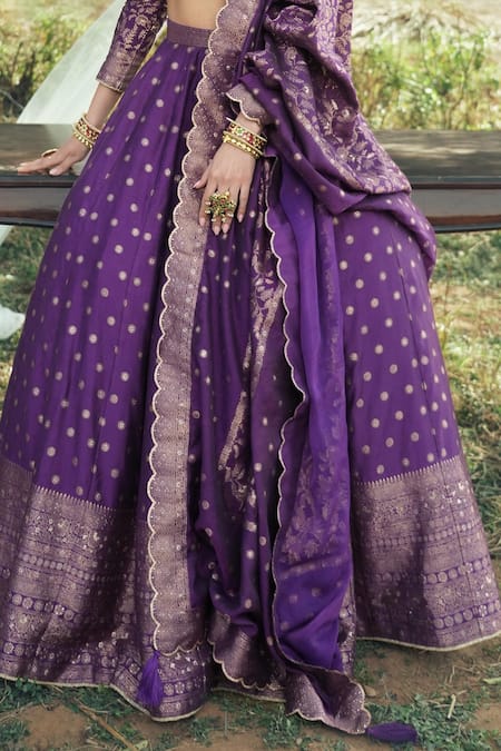 Shop Safaa Purple Velvet Embroidery Square The Minara Floral Booti Woven Blouse Lehenga Set Online at Aza Fashions Shop_Safaa_Purple Velvet Embroidery Square The Minara Floral Booti Woven Blouse Lehenga Set _Online_at_Aza_Fashions