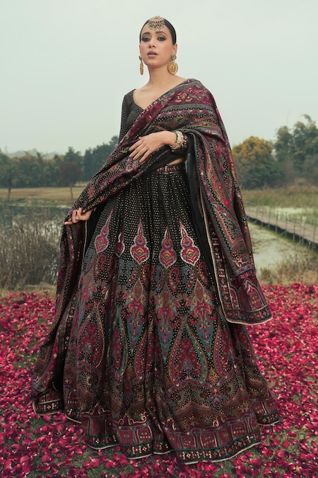 Safaa Black Velvet Embroidery, Sequins The Rehnuma Floral Woven Lehenga Set 