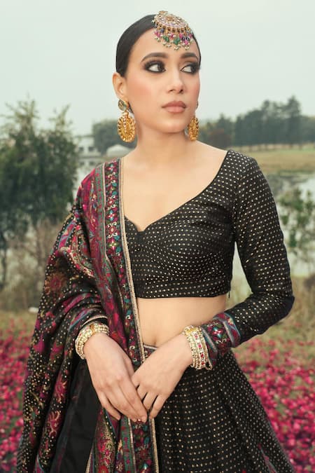 Safaa_Black Velvet Embroidery, Sequins The Rehnuma Floral Woven Lehenga Set _Online_at_Aza_Fashions