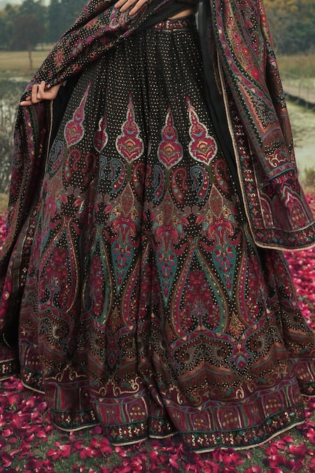 Shop_Safaa_Black Velvet Embroidery, Sequins The Rehnuma Floral Woven Lehenga Set _Online_at_Aza_Fashions