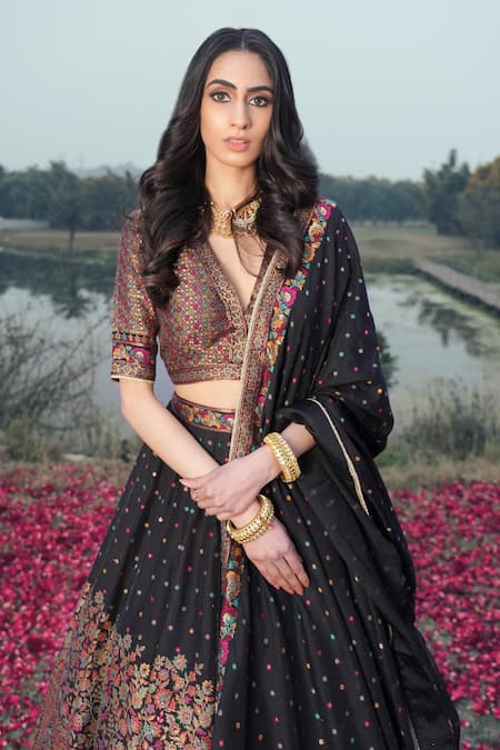 Shop_Safaa_Black Velvet Embroidery V-neck The Ruya Floral Woven Lehenga Set _Online_at_Aza_Fashions