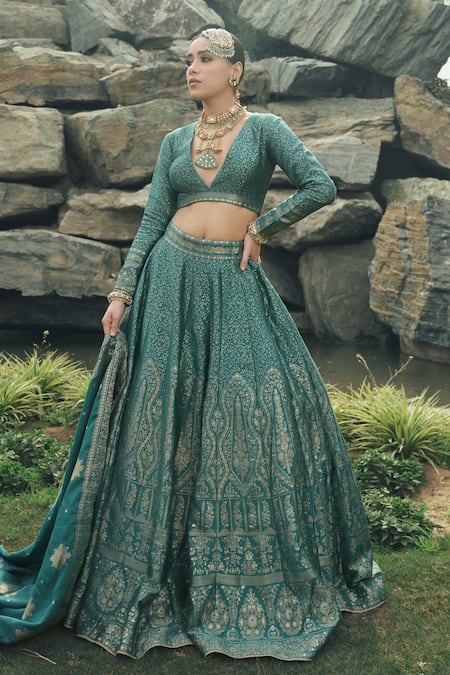 Buy Safaa Blue Velvet Embroidery V-neck The Zalea Floral Woven Lehenga Set Online at Aza Fashions Buy_Safaa_Blue Velvet Embroidery V-neck The Zalea Floral Woven Lehenga Set _Online_at_Aza_Fashions
