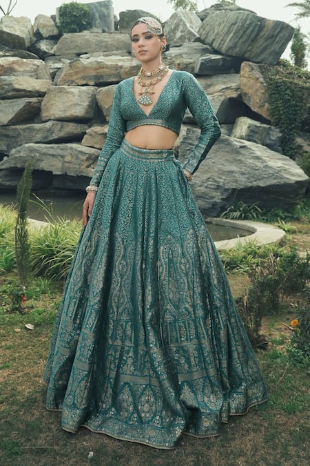 Shop Safaa Blue Velvet Embroidery V-neck The Zalea Floral Woven Lehenga Set Online at Aza Fashions Shop_Safaa_Blue Velvet Embroidery V-neck The Zalea Floral Woven Lehenga Set _Online_at_Aza_Fashions