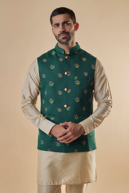 Spring Break Green Cotton, Silk Embroidery Floral Print Bundi Jacket And Kurta Set Online at Aza Fashions Spring Break_Green Cotton, Silk Embroidery Floral Print Bundi Jacket And Kurta Set_Online_at_Aza_Fashions