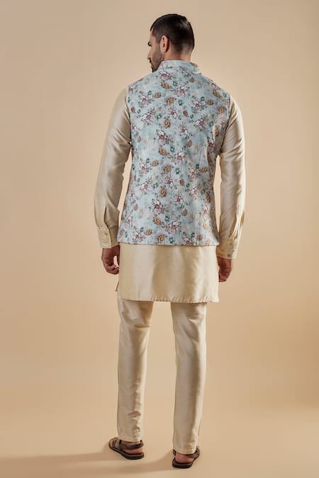 Spring Break Floral Printed Bundi Jacket & Kurta Set For Kids