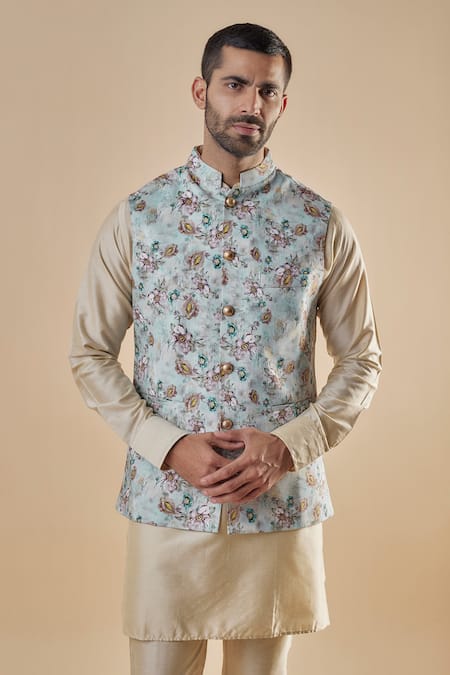 Spring Break Blue Cotton, Silk Floral Printed Bundi Jacket And Kurta Set For Kids Online at Aza Fashions Spring Break_Blue Cotton, Silk Floral Printed Bundi Jacket And Kurta Set For Kids_Online_at_Aza_Fashions