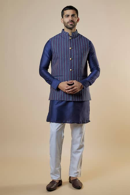 Spring Break Striped Print Cotton Bundi Jacket & Kurta Set 