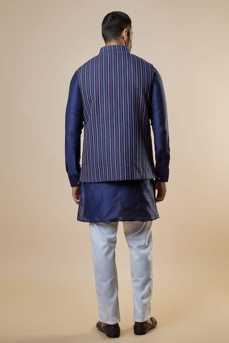 Shop Spring Break Blue Cotton Striped Print Bundi Jacket And Kurta Set at Aza Fashions Shop_Spring Break_Blue Cotton Striped Print Bundi Jacket And Kurta Set _at_Aza_Fashions