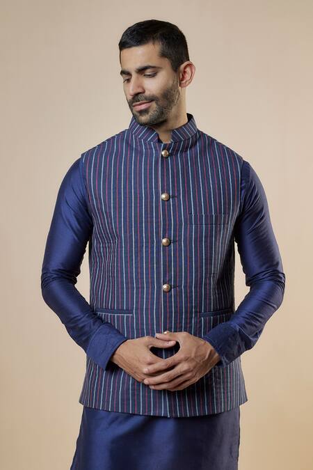 Spring Break Blue Cotton Striped Print Bundi Jacket And Kurta Set Online at Aza Fashions Spring Break_Blue Cotton Striped Print Bundi Jacket And Kurta Set _Online_at_Aza_Fashions