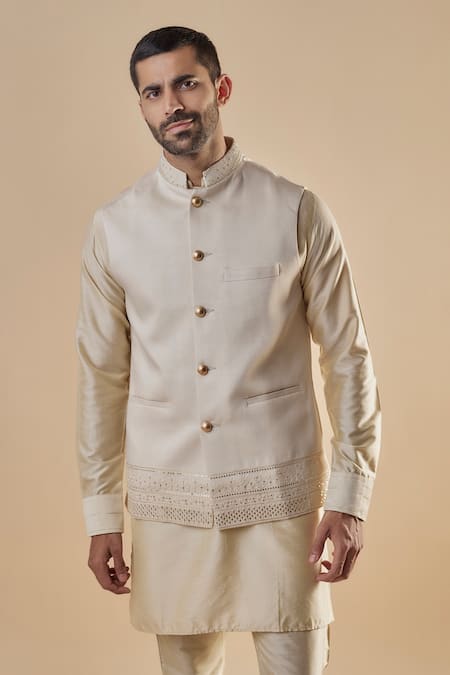 Spring Break_Beige Cotton, Silk Embroidery Floral Bundi Jacket And Kurta Set _Online_at_Aza_Fashions