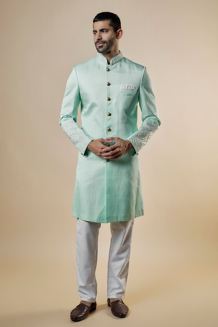 Spring Break Green Sherwani Linen Satin Embroidered Floral Cuff And Pant Set