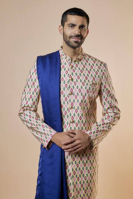 Spring Break_Cream Cotton, Silk Ikat Print Sherwani Set _Online_at_Aza_Fashions
