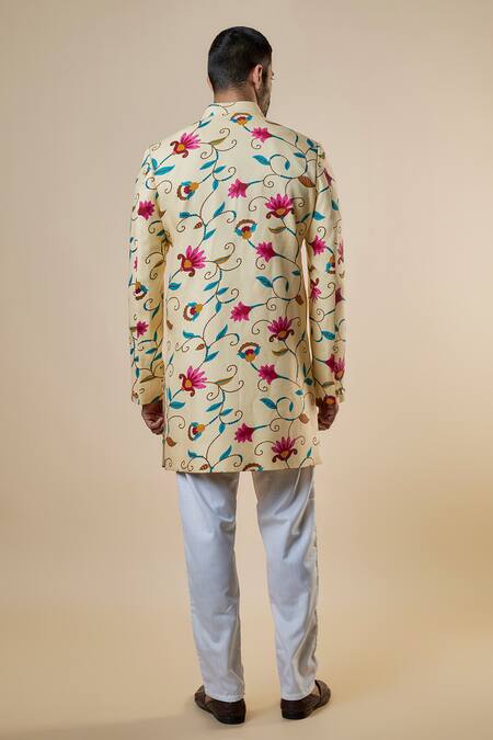 Shop Spring Break Yellow Rayon, Cotton Printed Sherwani And Pant Set at Aza Fashions Shop_Spring Break_Yellow Rayon, Cotton Printed Sherwani And Pant Set_at_Aza_Fashions