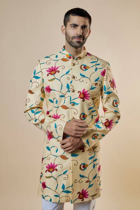 Spring Break Yellow Rayon, Cotton Printed Sherwani And Pant Set Online at Aza Fashions Spring Break_Yellow Rayon, Cotton Printed Sherwani And Pant Set_Online_at_Aza_Fashions