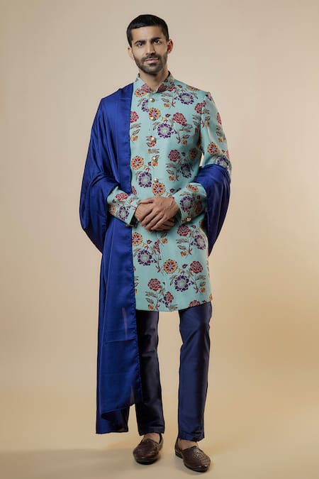 Spring Break Blue Sherwani Rayon Printed Floral Set