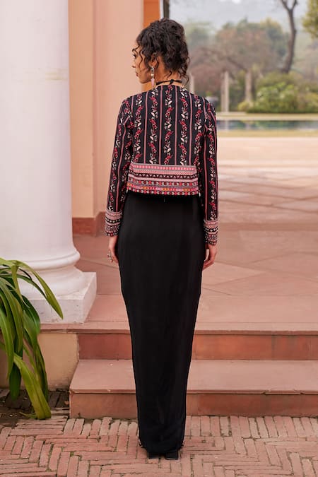 Shop Chhavvi Aggarwal Black Crepe Cut Work, Beads, Sequins V-neck, Printed Jacket Draped Skirt Set at Aza Fashions Shop_Chhavvi Aggarwal_Black Crepe Cut Work, Beads, Sequins V-neck, Printed Jacket Draped Skirt Set _at_Aza_Fashions