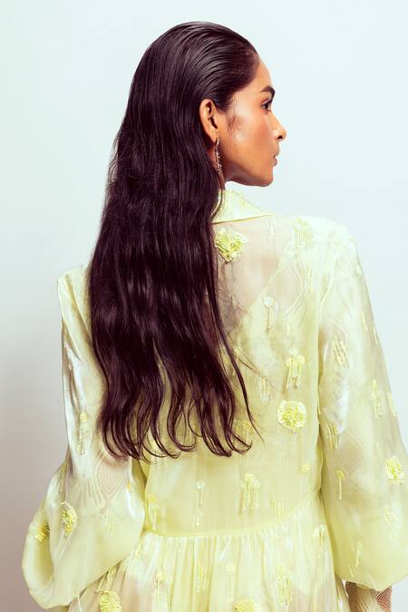 Nirmooha Green Organza Sequins, Beads, Cut Work Fleur Tassel Embellished Slit Maxi Dress at Aza Fashions Nirmooha_Green Organza Sequins, Beads, Cut Work Fleur Tassel Embellished Slit Maxi Dress _at_Aza_Fashions