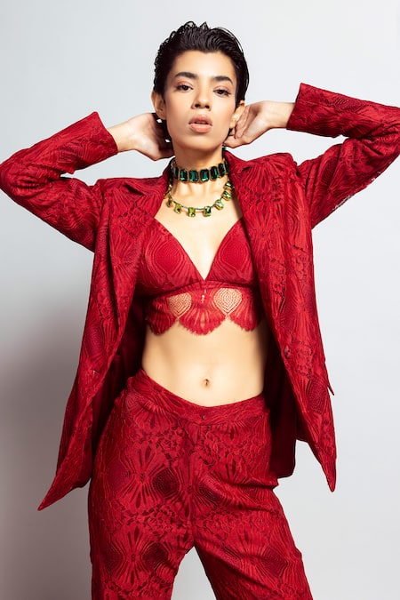 Shop_Nirmooha_Maroon Lace Chantilly Lapel Collar Blazer Jacket _Online_at_Aza_Fashions